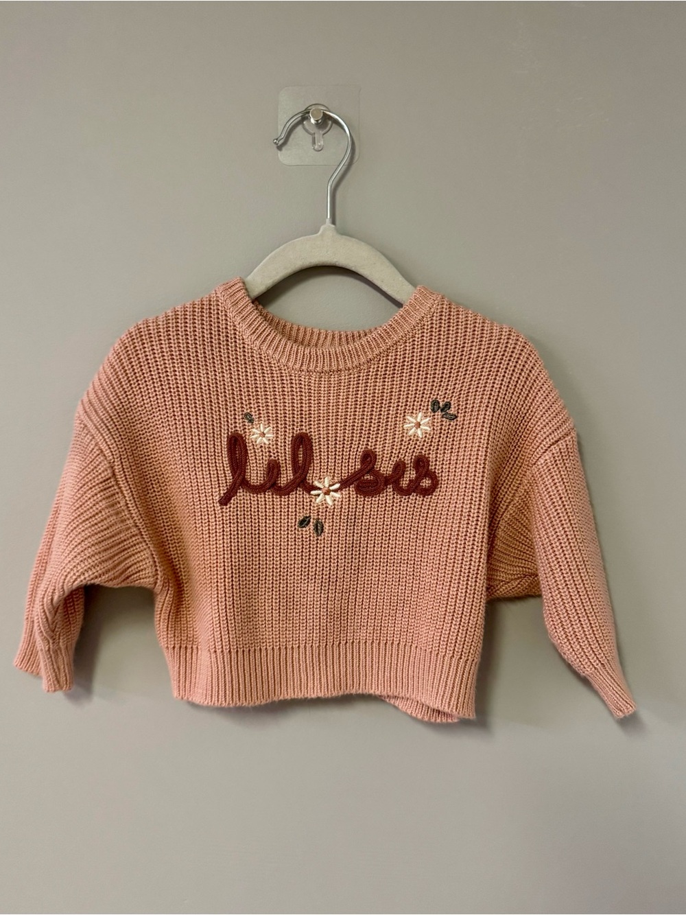 Girls' Pink “lil sis” Embroidered Cropped Knit Sweater